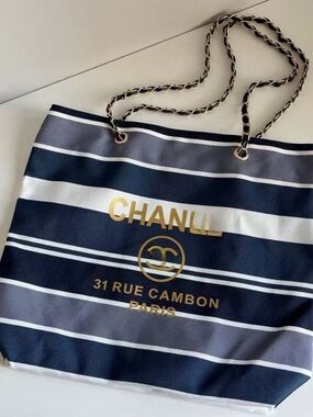 CHANEL Beauty ViP Gift with Purchased, Blue,white stripes Canvas Fabric Tote